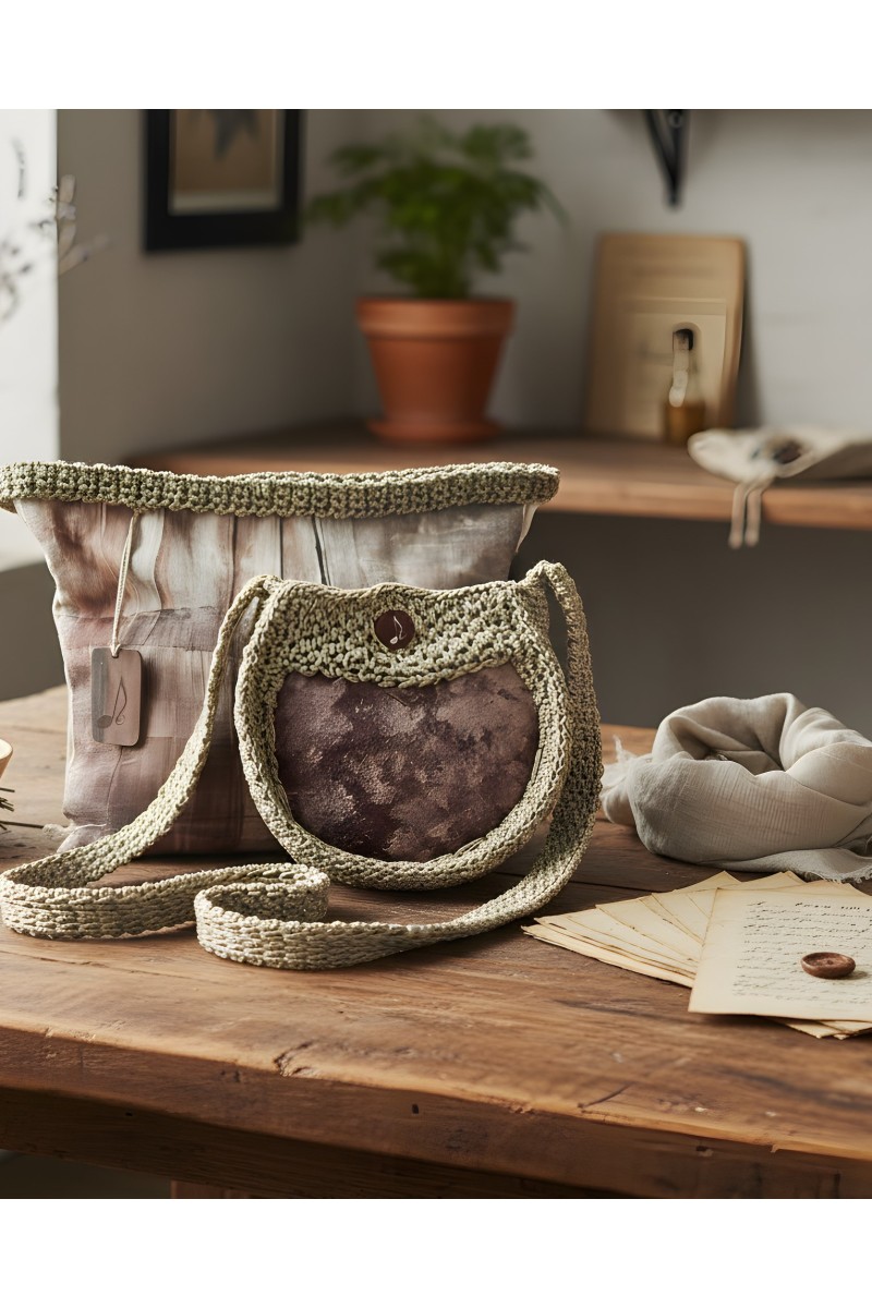 Handmade knitted bag cistus with matching handmade pouch in indoor setting with natural light