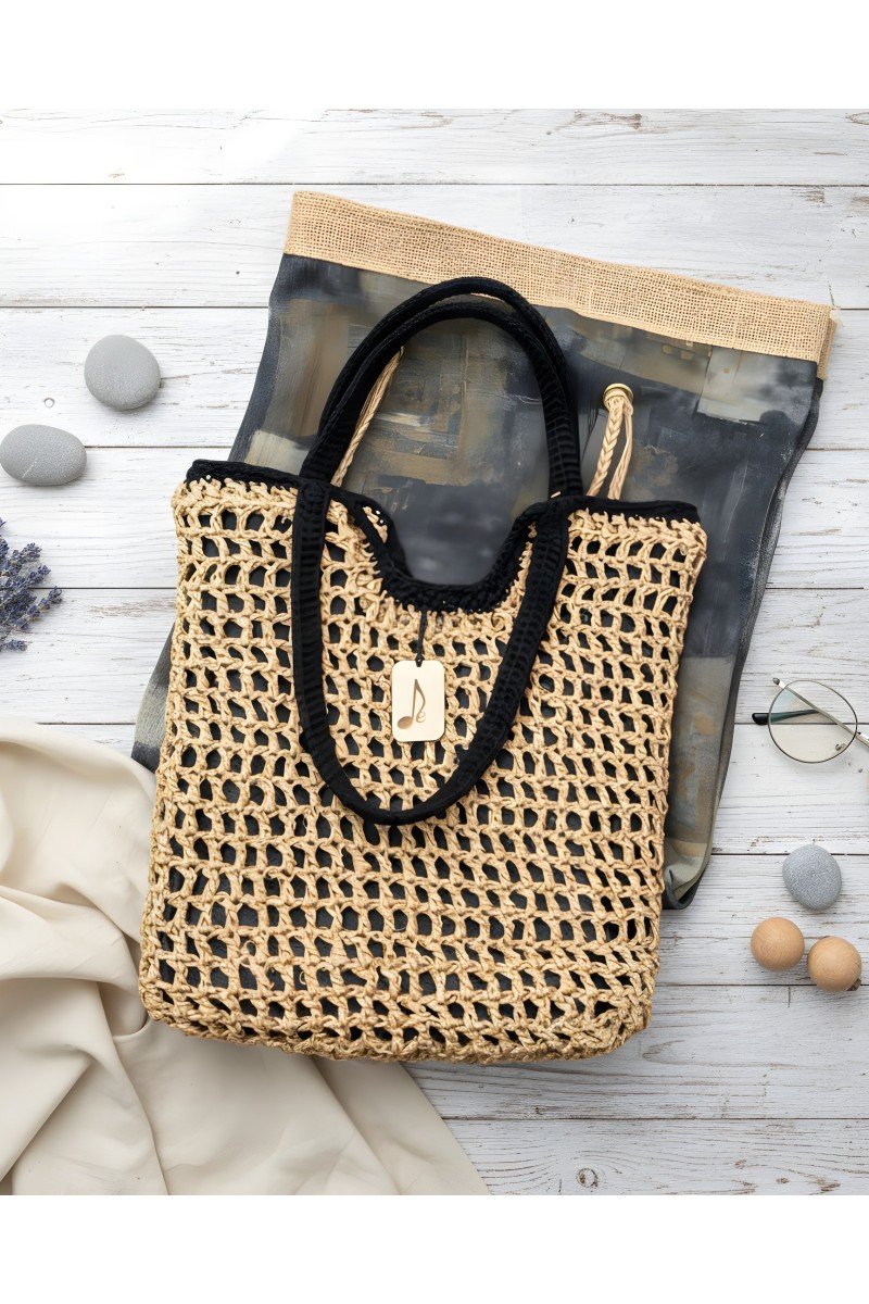 Zea. Handmade crocheted straw bag- Beige - Black
