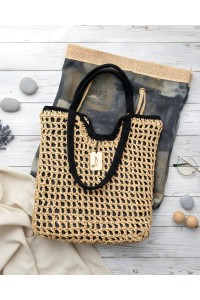 Zea. Handmade crocheted straw bag- Beige - Black