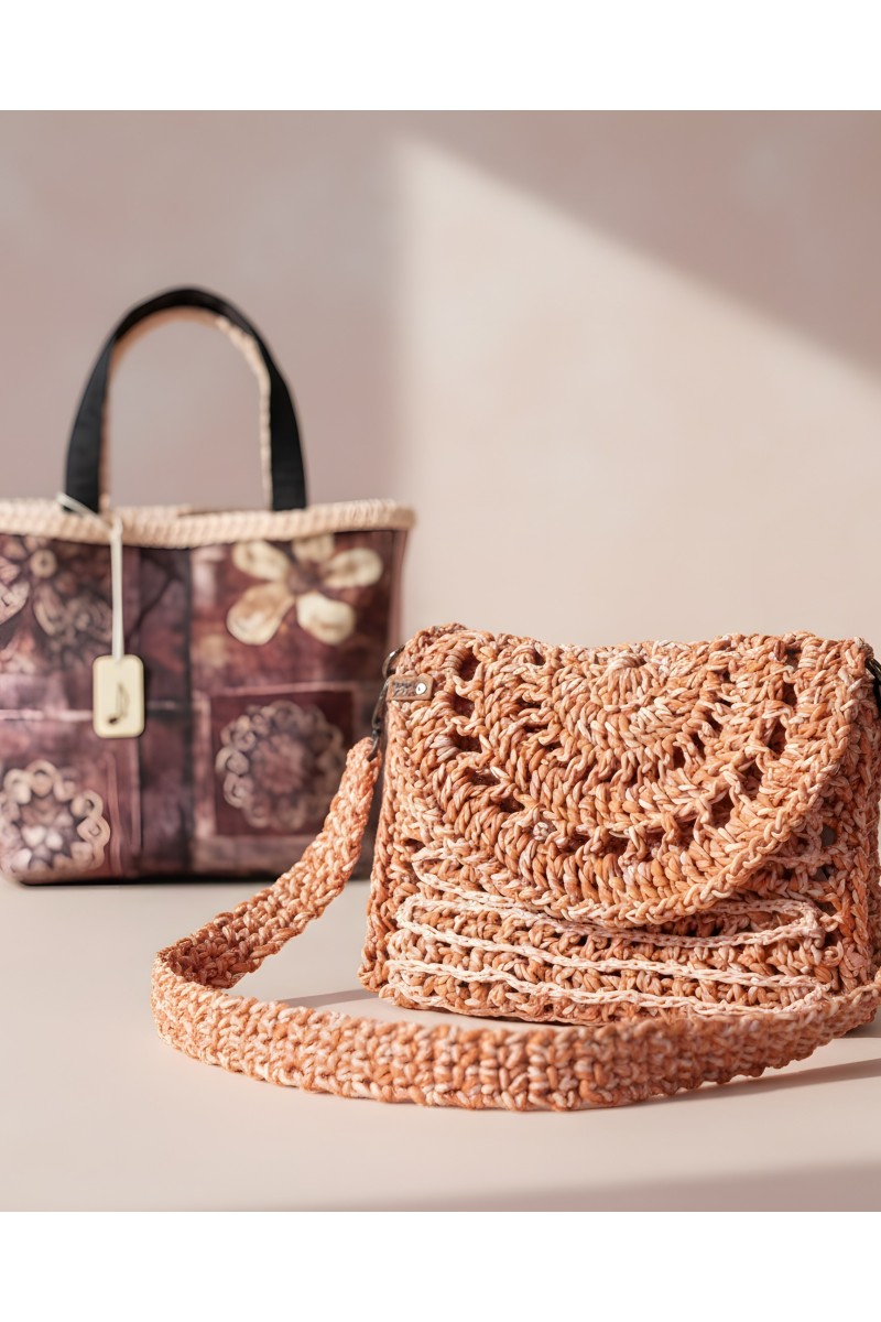 Boho chic coral raffia bag handcrafted in Greece