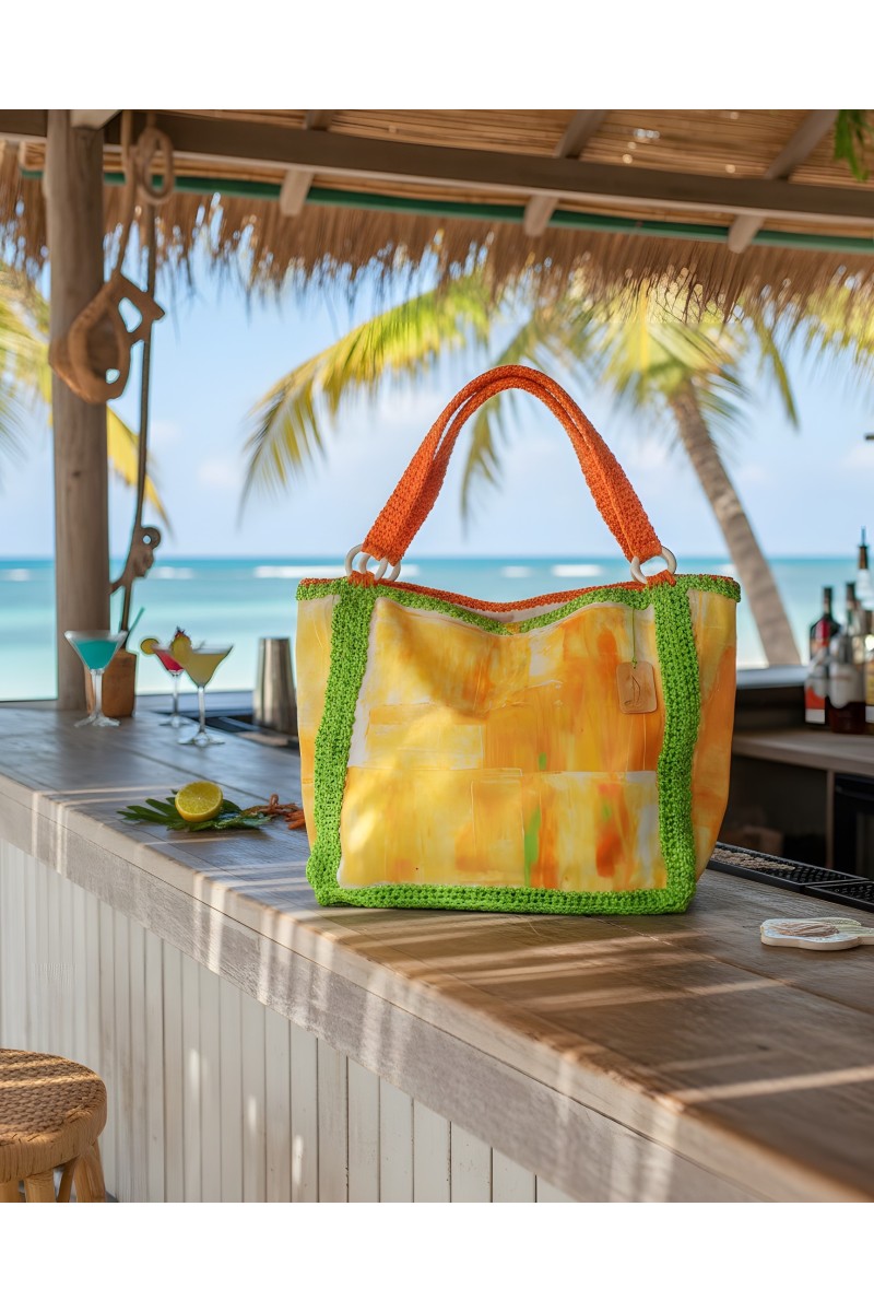Handmade crocheted beach bag-  Lakhani with orange