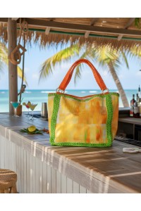 Handmade crocheted beach bag-  Lakhani with orange