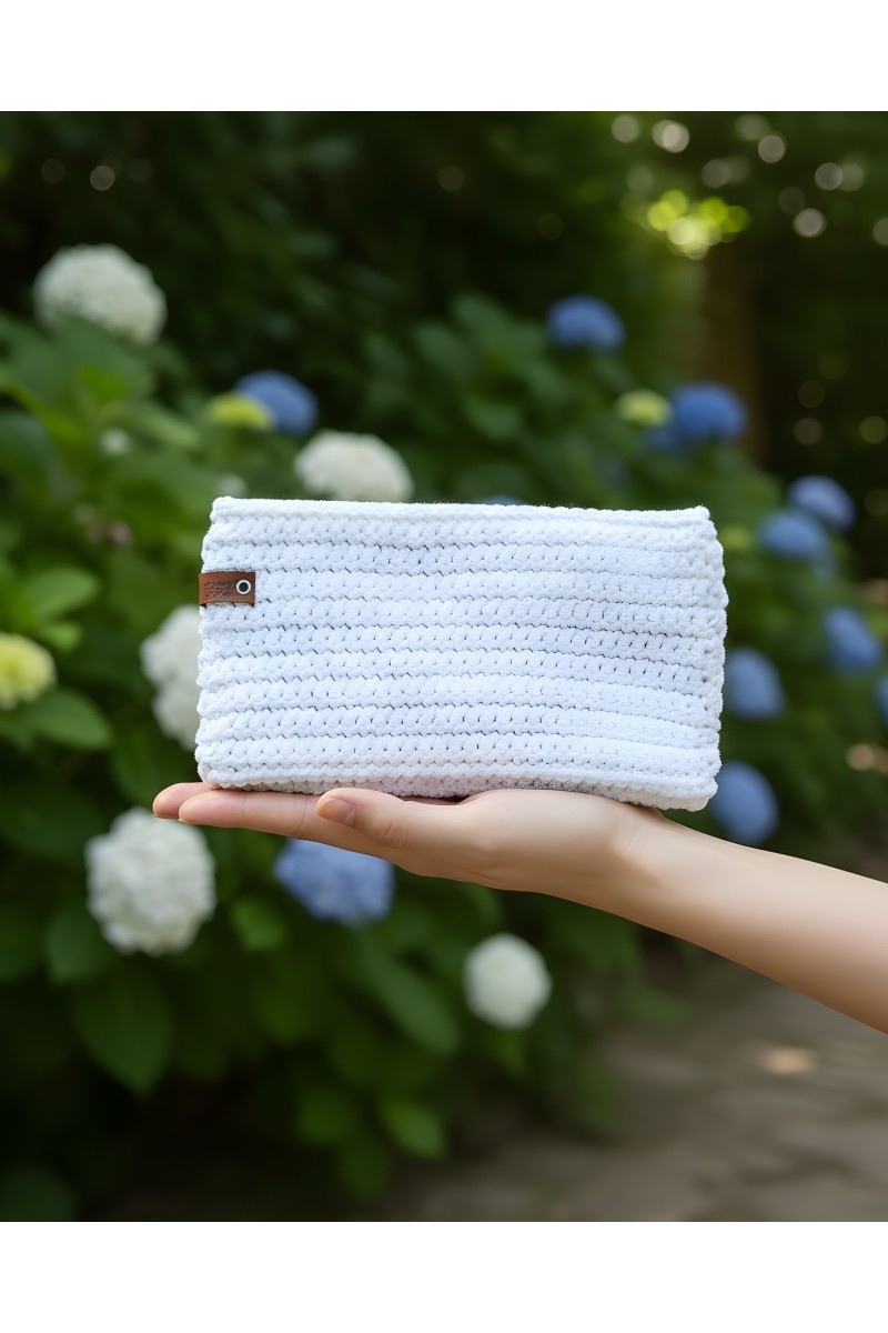 White handmade crochet wallet Thymbra with blue artistic details