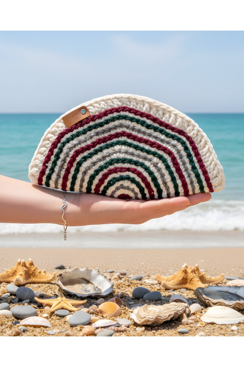 Shell-inspired handmade crochet wallet in white, burgundy and cypress green