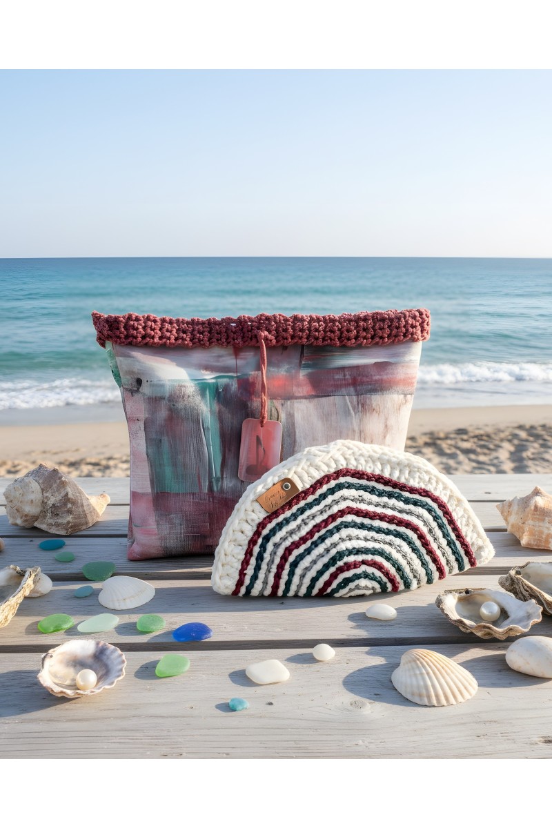 Grace Note Posidonia handmade crochet wallet displayed on a Mediterranean beach
