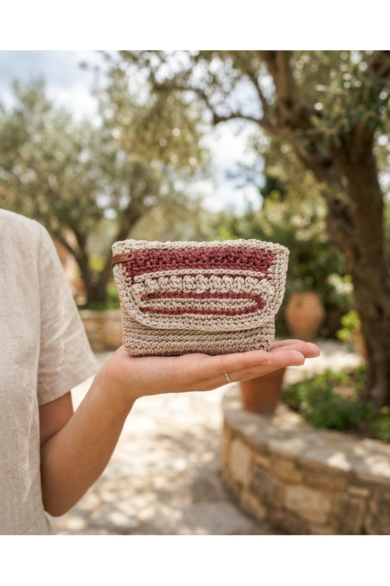 Fliskouni handmade crochet wallet displayed in a Mediterranean olive garden