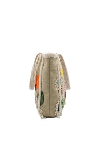 Side view of handmade Chloris tote bag with crochet floral details and durable canvas