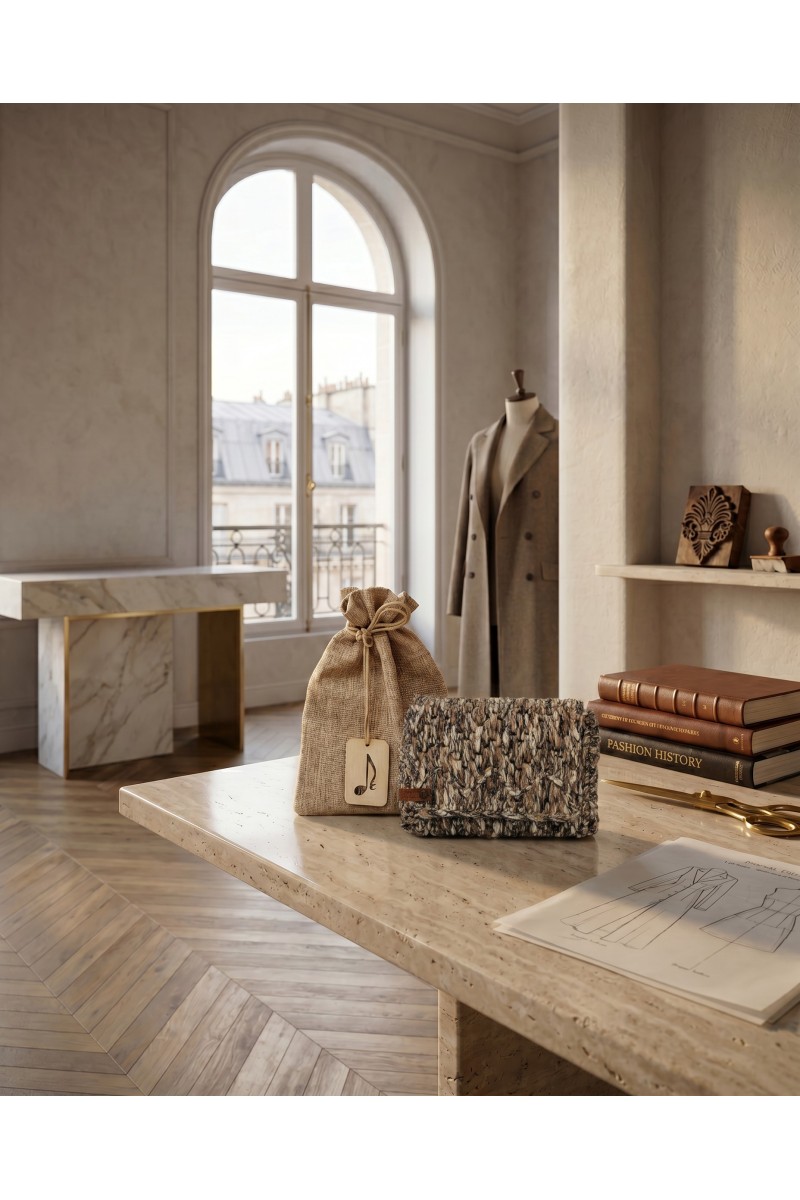 Grace Note Diktamos handmade crochet wallet displayed in an elegant interior