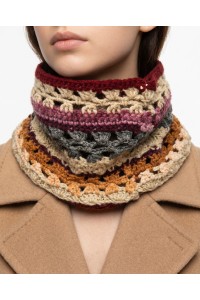 Handmade crochet lace neck warmer worn by woman