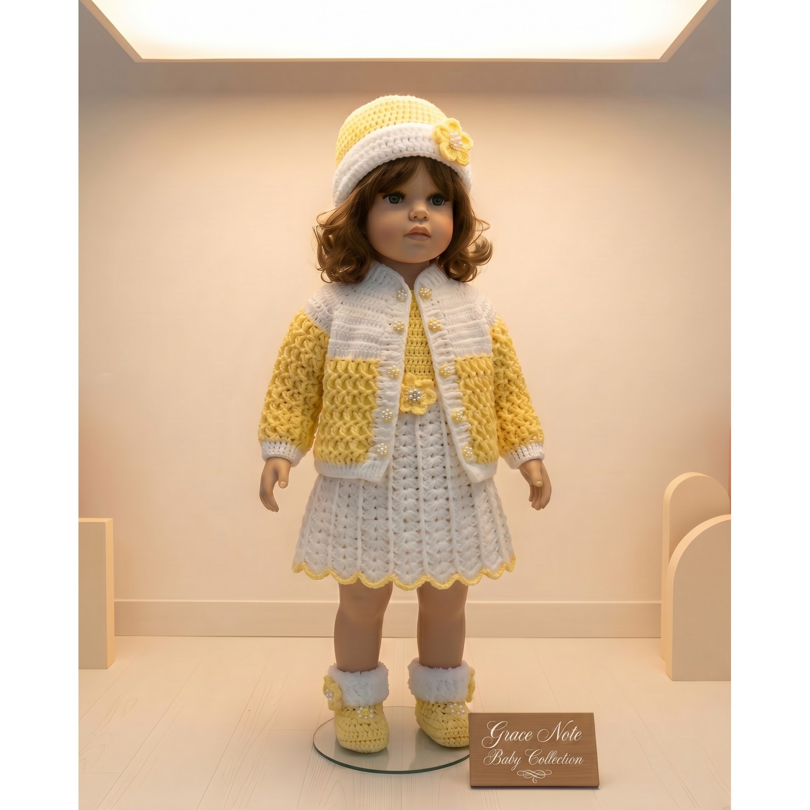 Handmade crocheted baby items set in yellow color