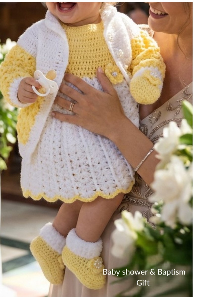 Handmade crocheted baby items set in yellow color