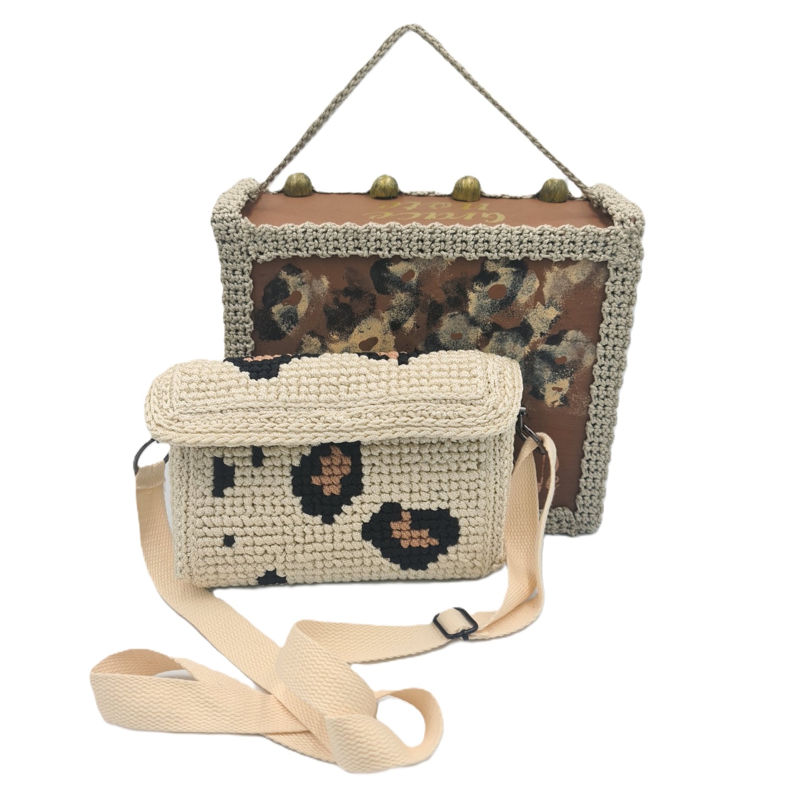 Wearable art  Argiope bag in ecru canvas, one of a kind piece with collectible hand-painted packaging box
