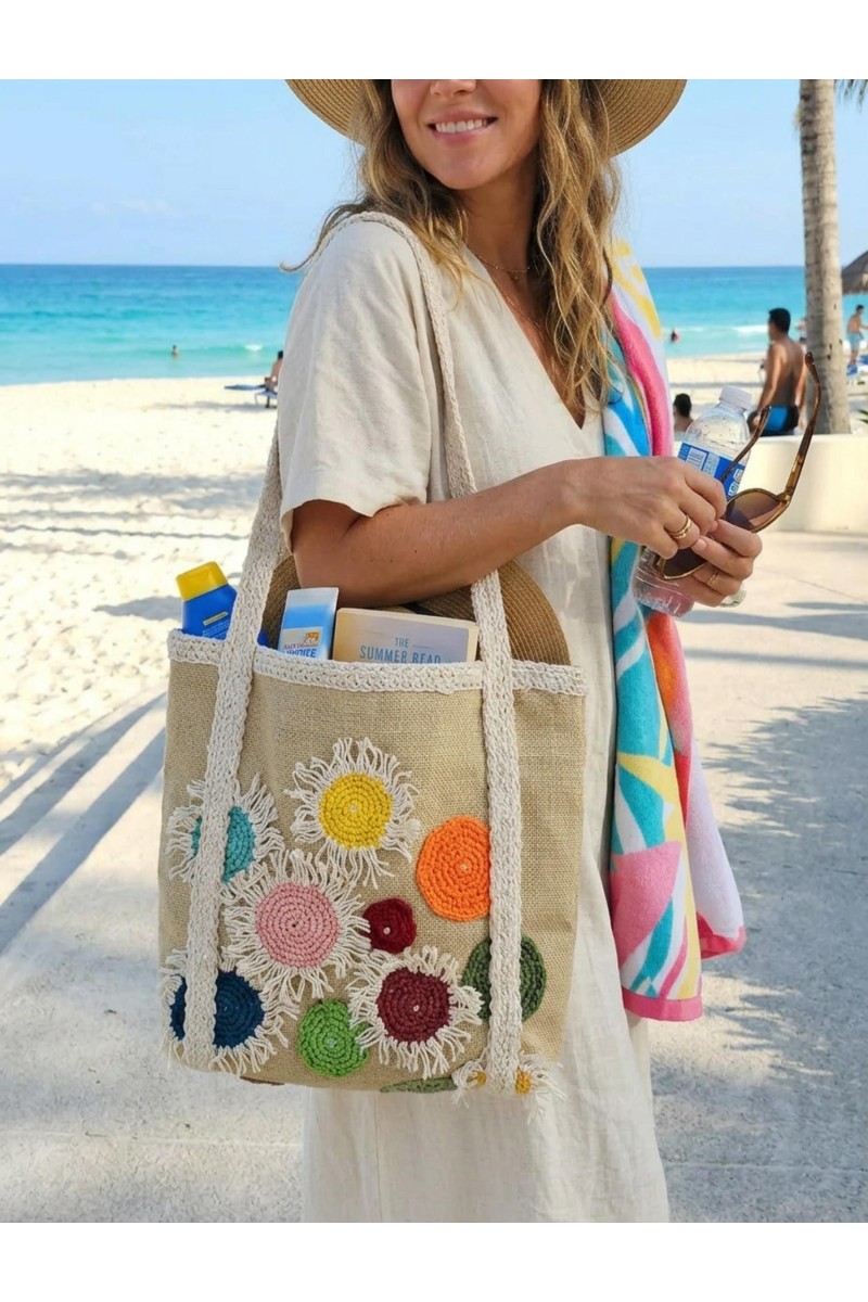 One of a kind  handmade Chloris tote bag with crochet flowers at the beach, summer canvas shoulder bag