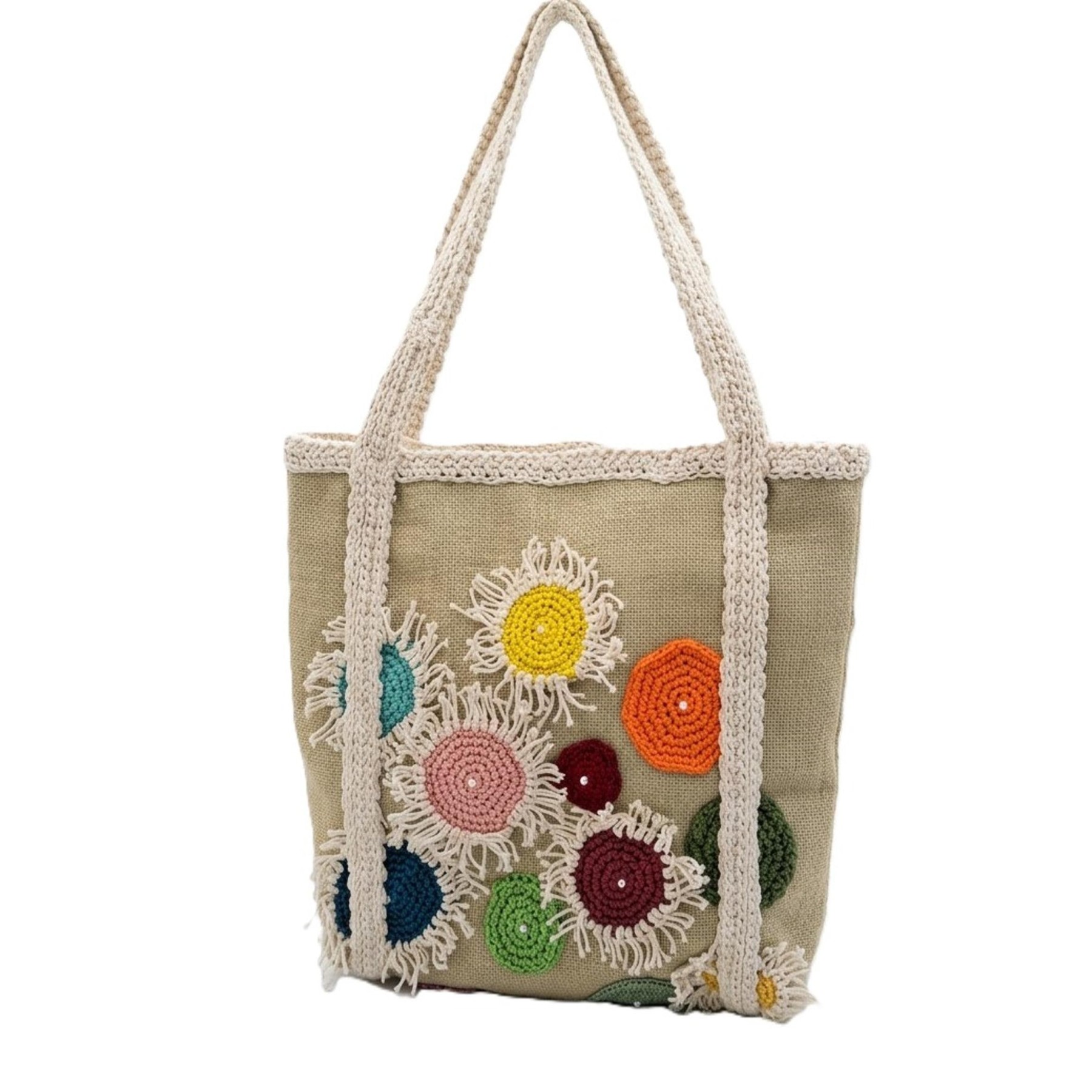 Handmade Chloris canvas tote bag with colorful crochet flowers and floral details