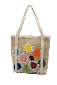 Handmade Chloris canvas tote bag with colorful crochet flowers and floral details