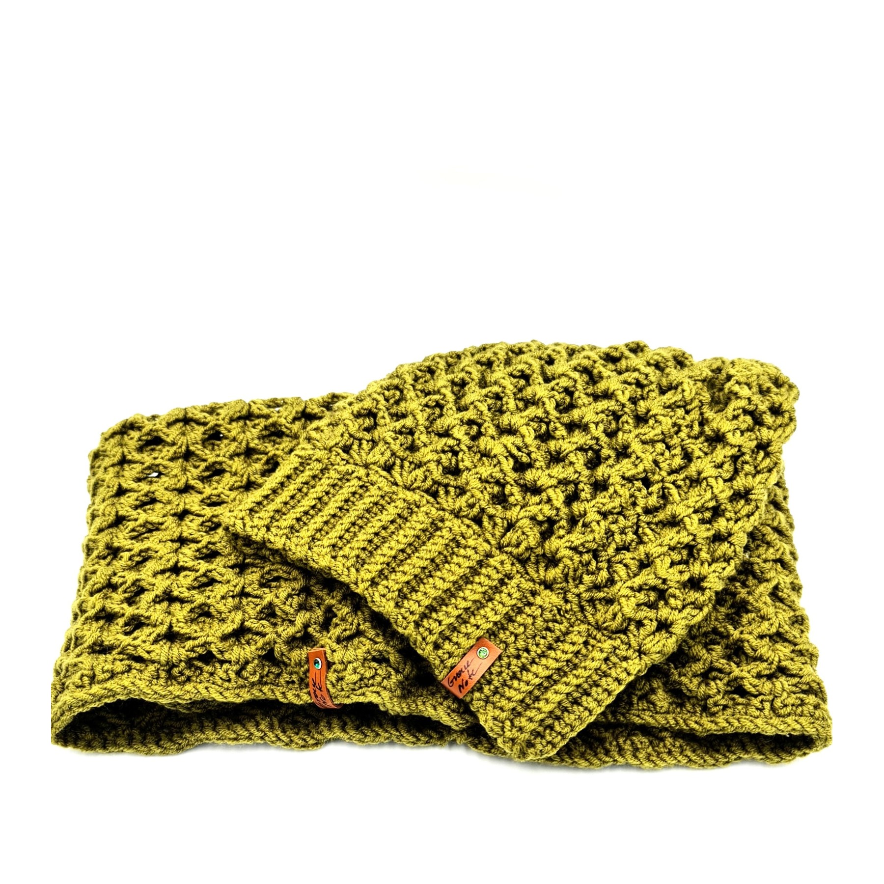 Handmade olive green crochet beanie and cowl set