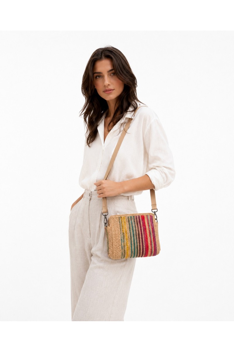 Handmade Art Bag Made in Greece – Crossbody Artisan Bag with Colorful Stripes, Worn by Model in Minimalist Style.