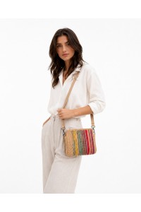 Handmade Art Bag Made in Greece – Crossbody Artisan Bag with Colorful Stripes, Worn by Model in Minimalist Style.