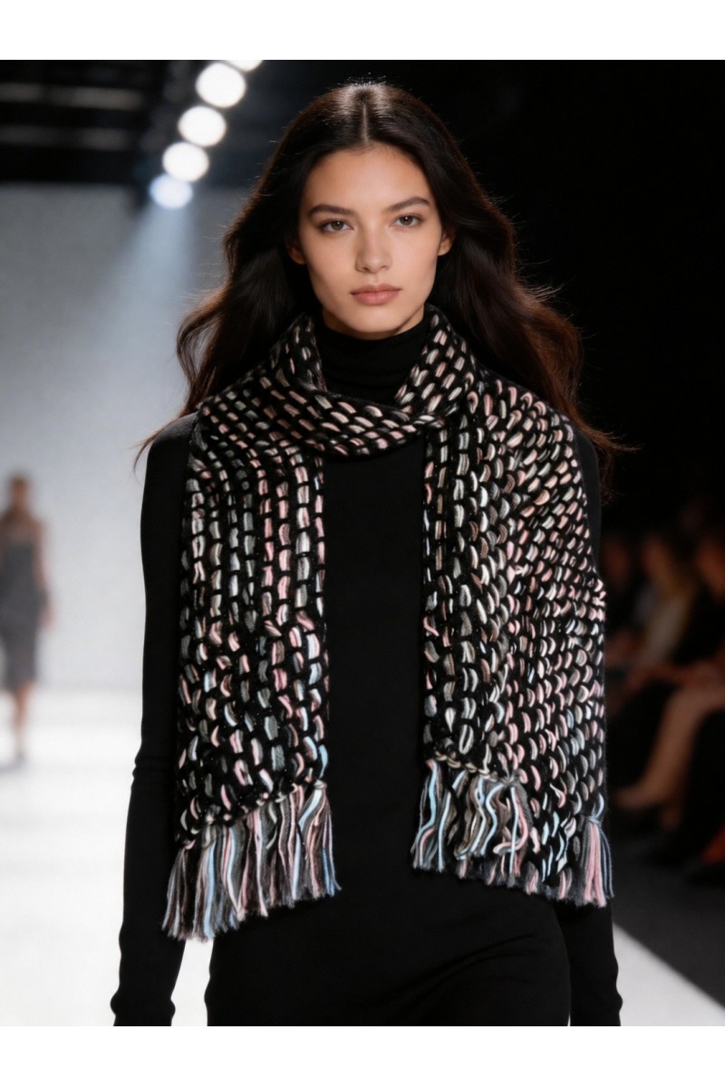 Elegant handmade crochet scarf with fringe in black, white and blush pink tones