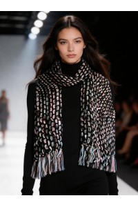Elegant handmade crochet scarf with fringe in black, white and blush pink tones