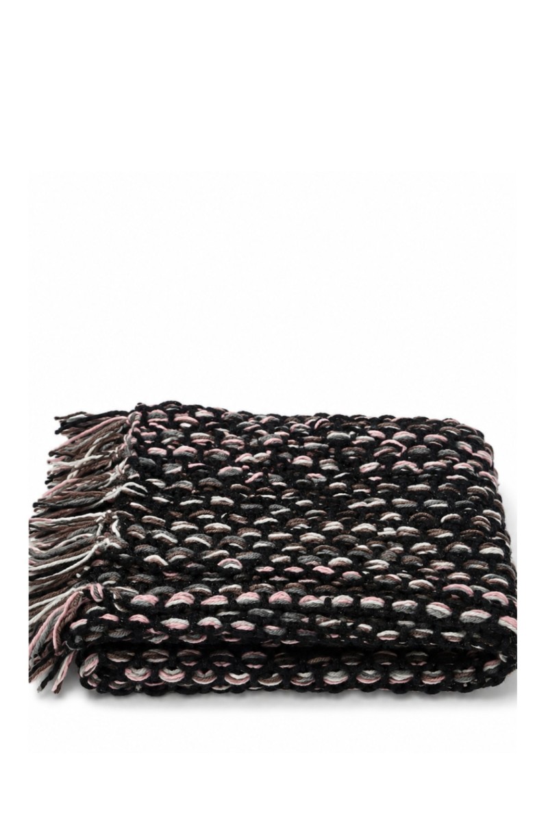 Handmade crochet scarf with fringe in black, white and blush pink, artisan crafted in Greece