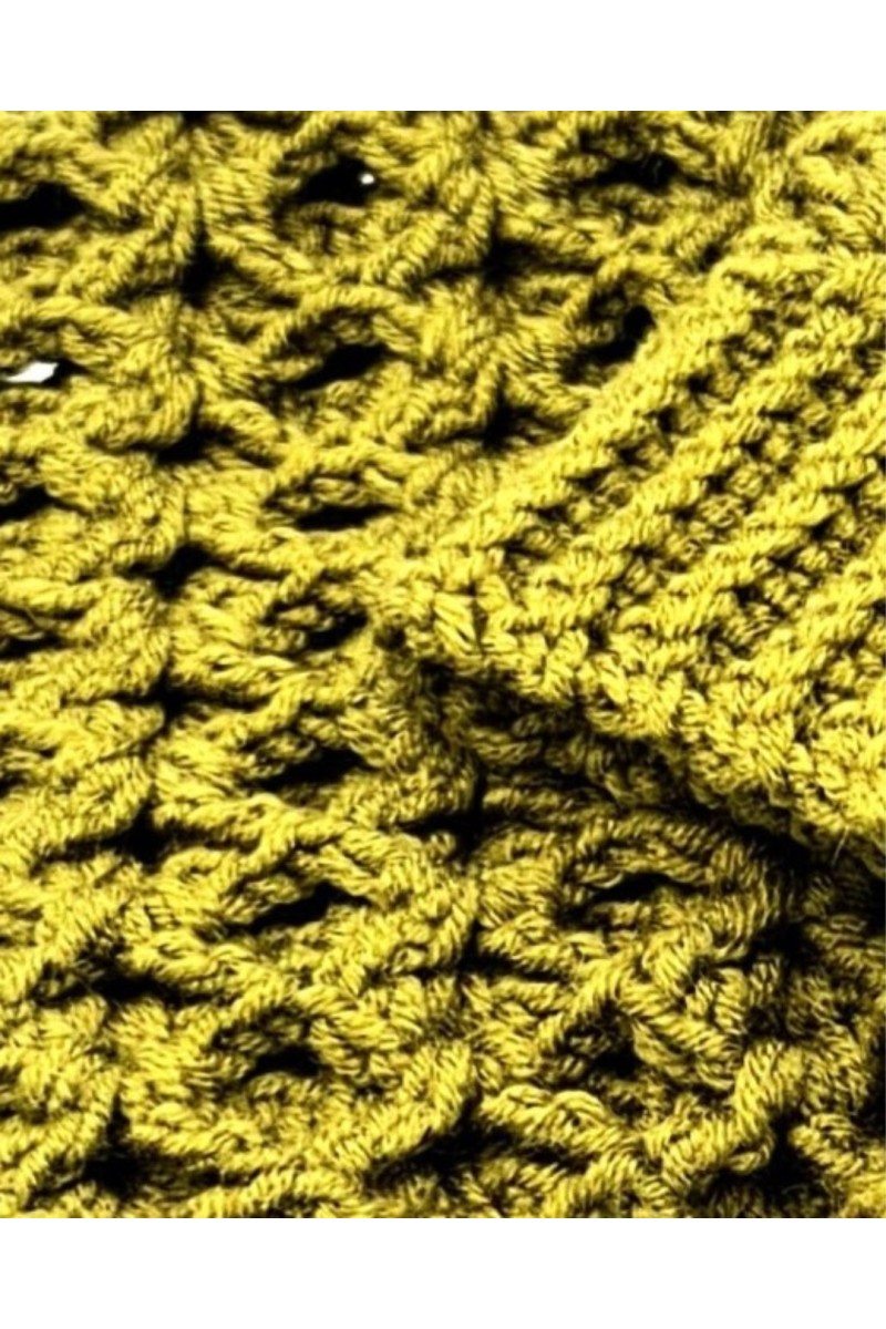 Detail of handmade olive green crochet neck warmer
