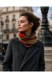 Woman wearing a handmade crochet neck warmer.