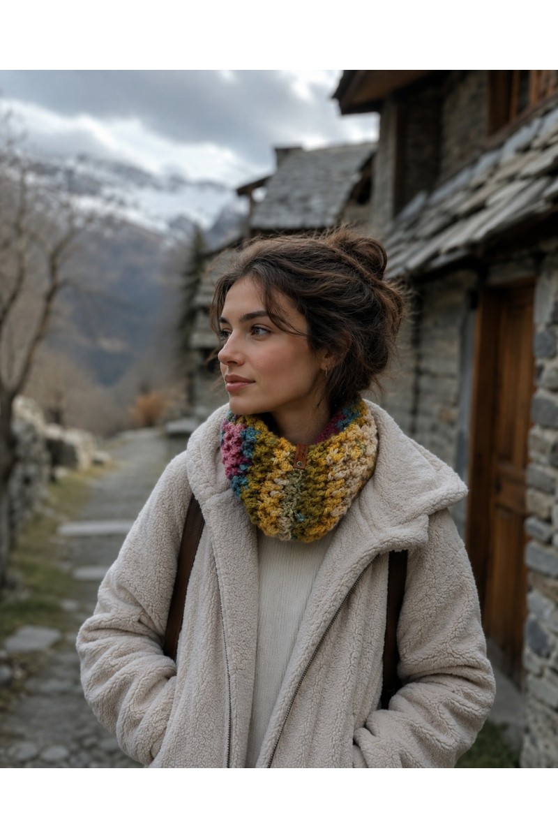 Woman wearing a handmade crochet cowl neck warmer.