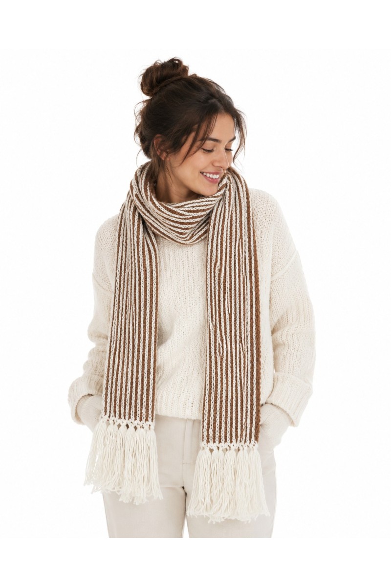 Brown Cream Handmade Crochet Scarf Worn by Woman