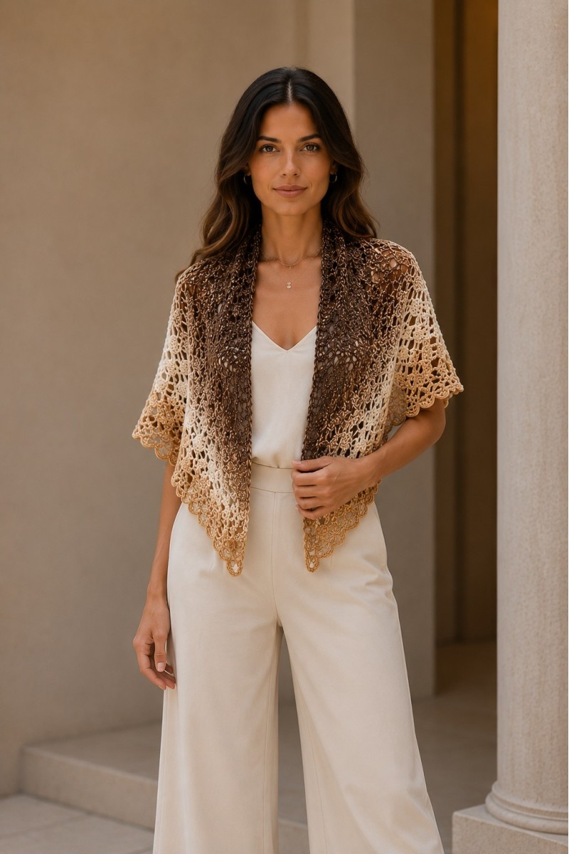 Handmade Crochet Triangle Shawl Brown Cream Worn by Woman