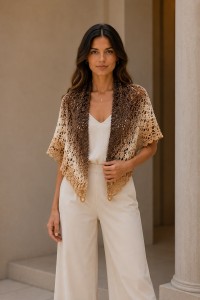 Handmade Crochet Triangle Shawl Brown Cream Worn by Woman