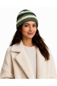Handmade Crochet Beanie Sage Green Cream Worn by Woman