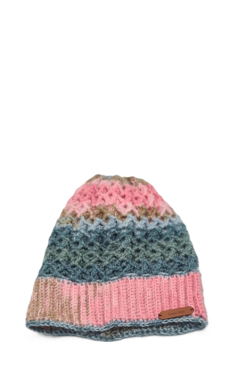 Handmade Crochet Beanie in Pink Blue and Beige Shades Grace Note