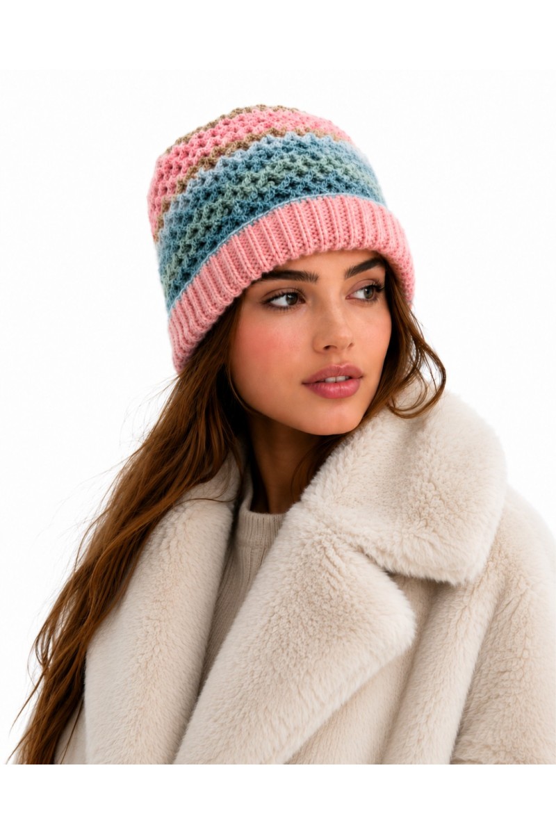 Woman Wearing Handmade Crochet Beanie in Pink and Blue Shades