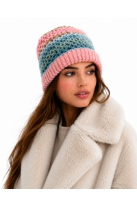 Woman Wearing Handmade Crochet Beanie in Pink and Blue Shades