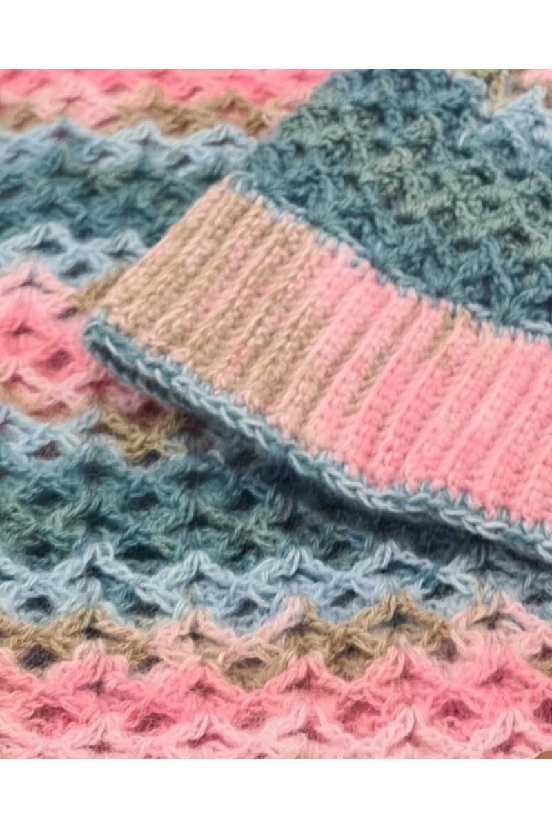 Handmade Crochet Beanie Stitch Detail in Pink Blue and Beige Shades