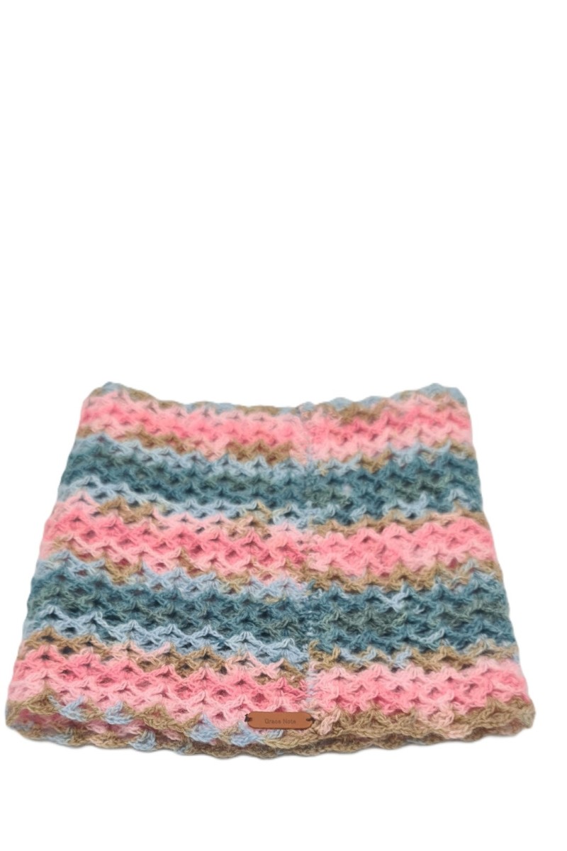 Handmade crochet neck warmer with textured stitch pattern in pink and blue shades