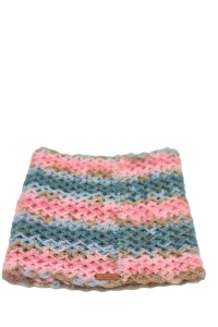 Handmade crochet neck warmer with textured stitch pattern in pink and blue shades