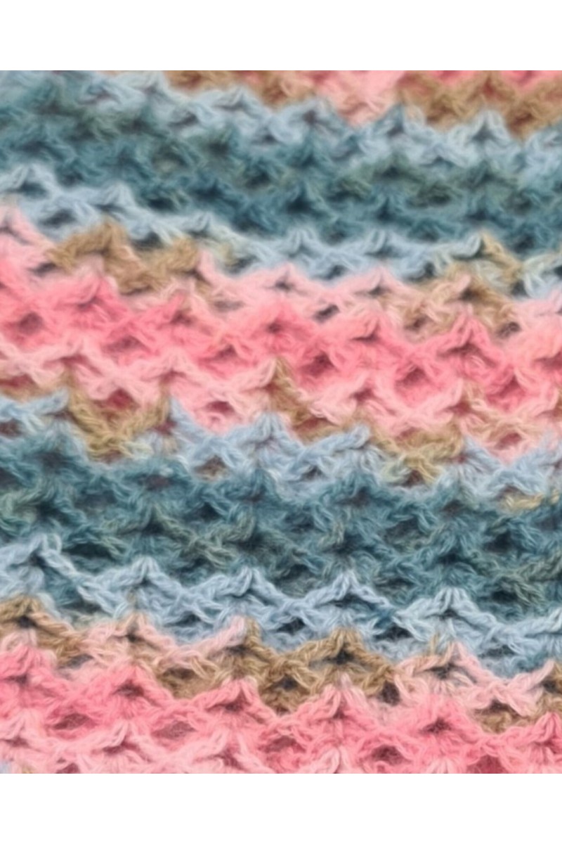 Crochet stitch detail of handmade neck warmer in pink and blue shades