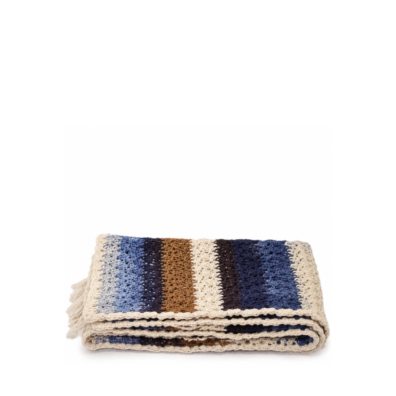 Handmade crochet striped scarf in blue brown and cream tones