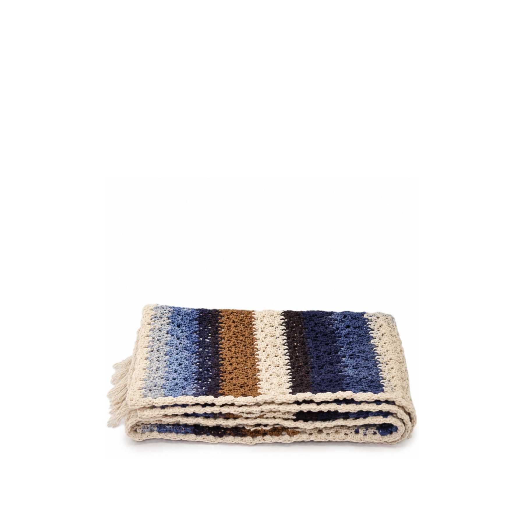 Handmade crochet striped scarf in blue brown and cream tones