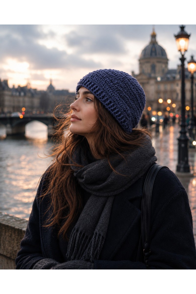 Elegant winter styling with a handmade blue crochet beanie