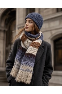 Handmade crochet beanie and scarf set in blue, cream and brown tones