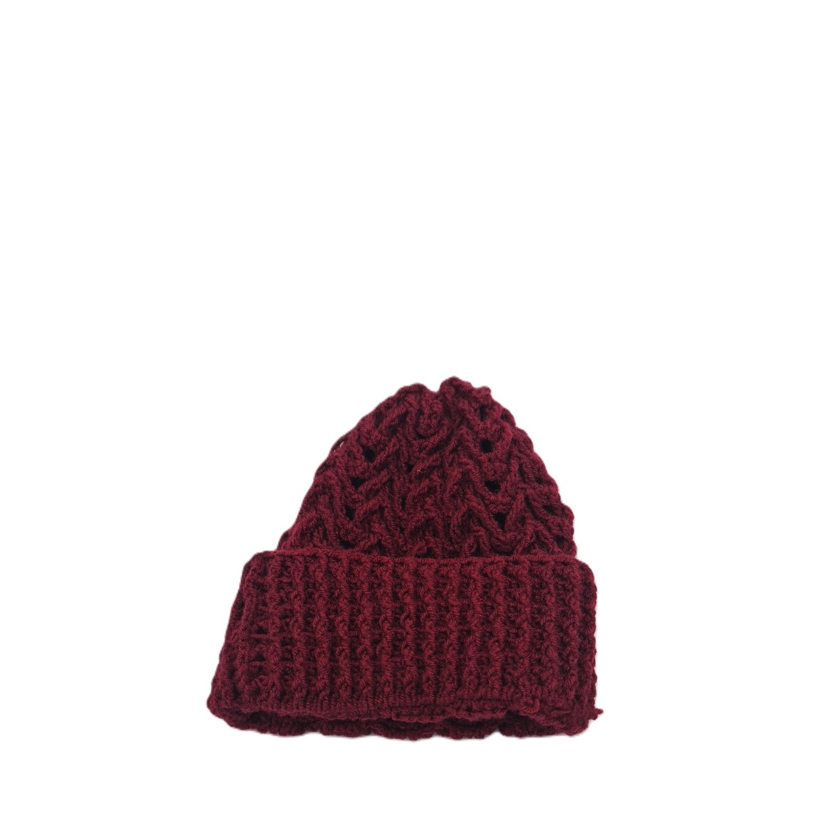 Handmade crochet beanie with textured crochet pattern in burgundy