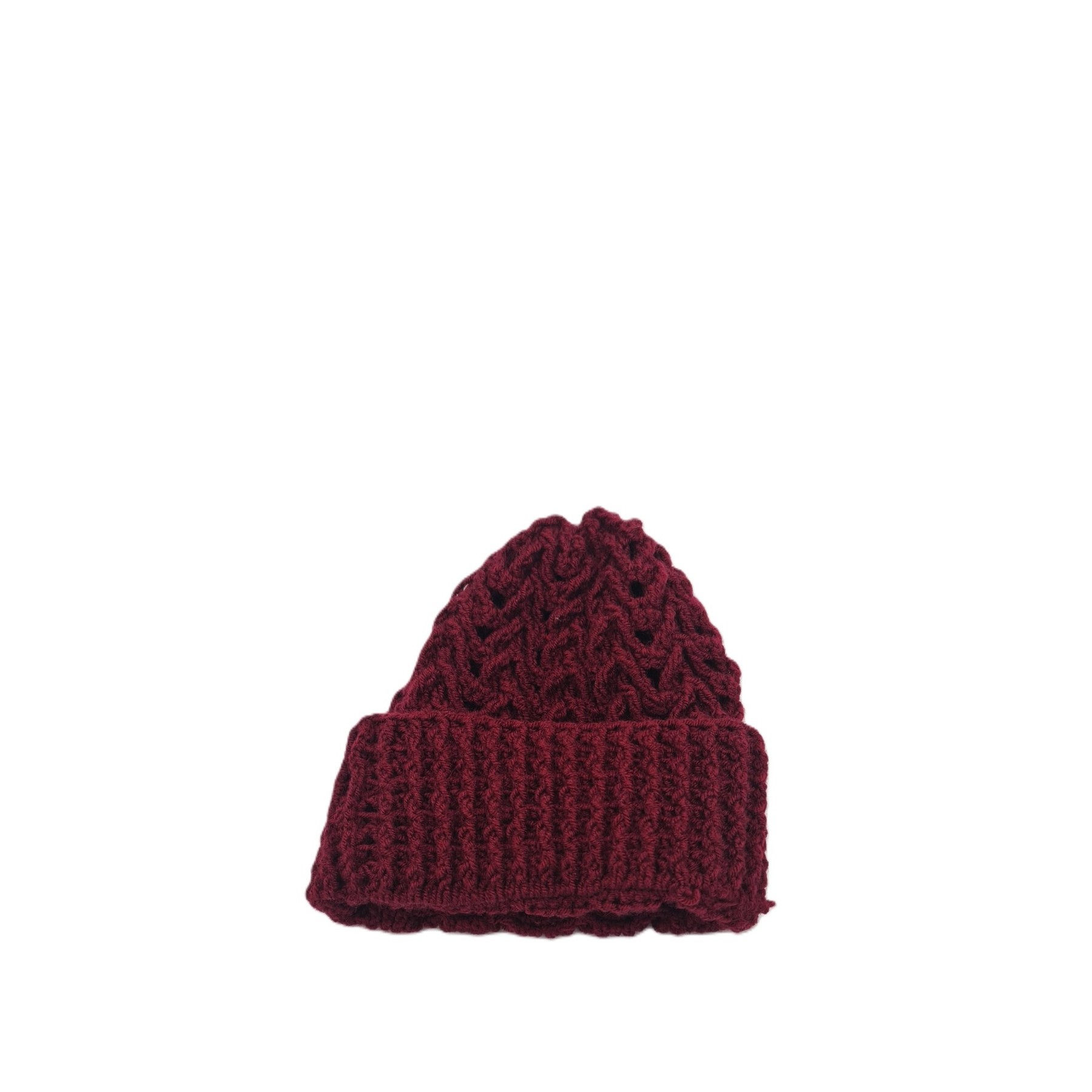 Handmade crochet beanie with textured crochet pattern in burgundy