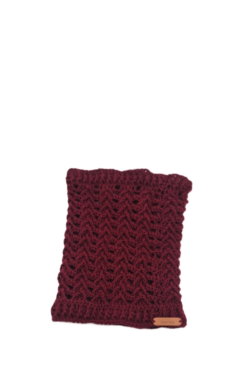 Handmade crochet neck warmer with a textured crochet pattern in deep burgundy