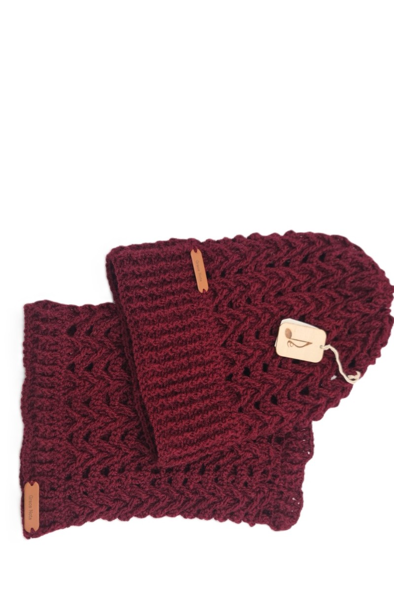Elegant handmade crochet winter set in a deep burgundy shade