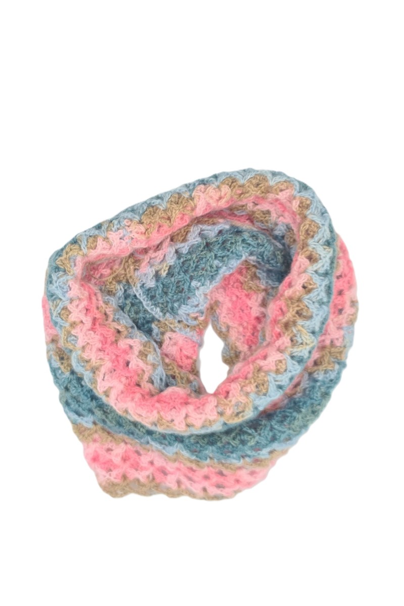 Handmade crochet neck warmer in pink, blue and beige tones