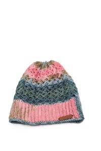 Handmade crochet hat in pink, blue and beige tones