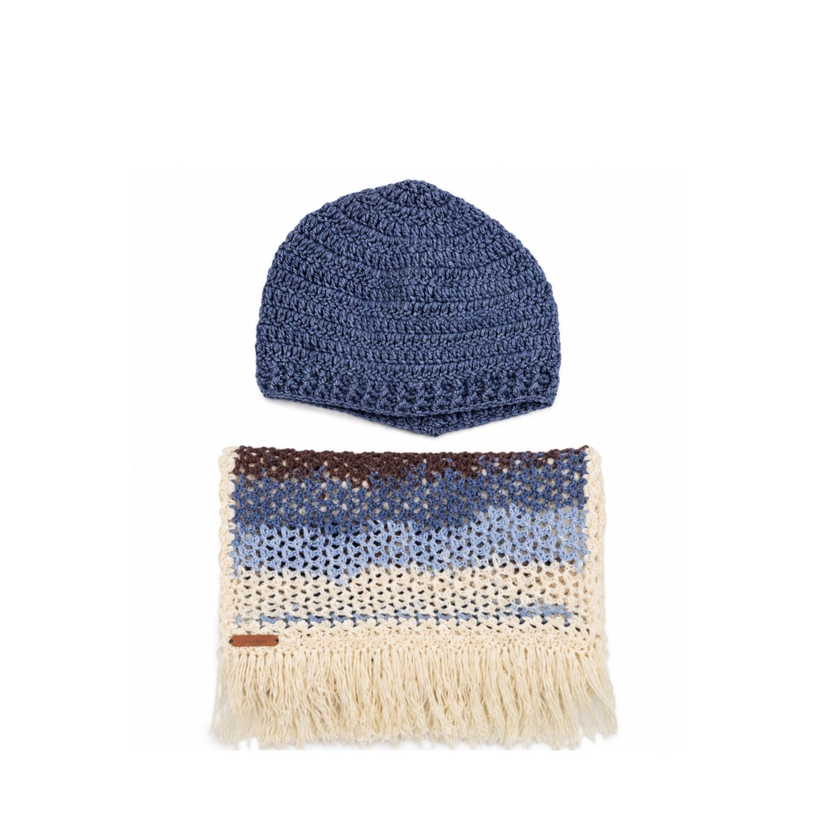 Handmade crochet beanie and scarf set in blue, cream and brown shades with textured stitch pattern and fringe details